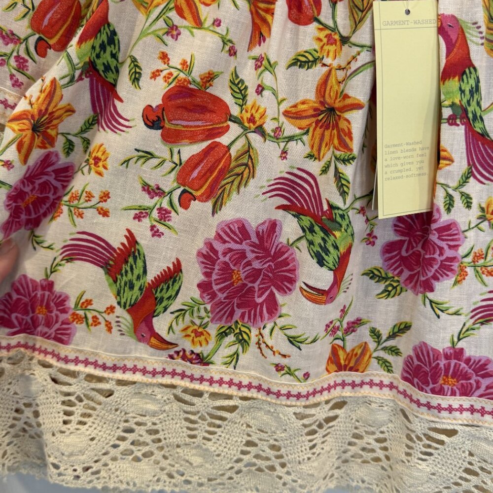 NWT Rachel Zoe Ivory Linen Blend Floral Bird Peasant Top Boho Crochet Sleeves - Picture 8 of 11